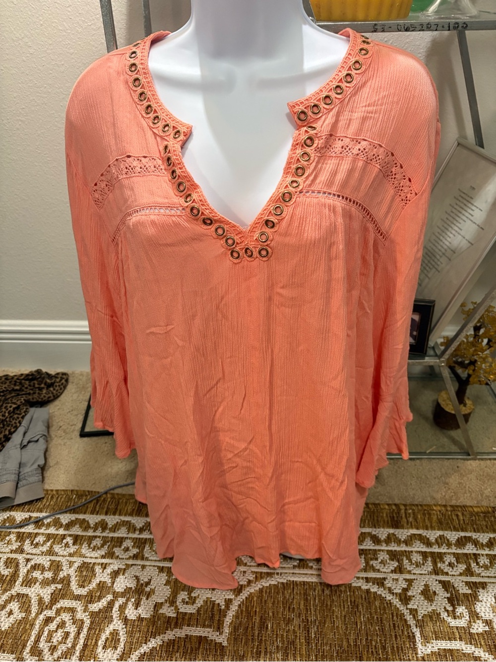 Democracy womens boho v-neck bell short sleeve peach hi low blouse grommets  xl